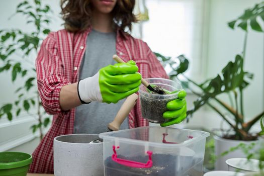 Teenage guy transplanting houseplants, preparing the soil with perlite vermiculite. Hobbies, leisure, green trends, ecology gardening at home, garden inside