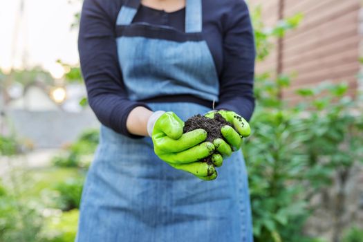 Close-up of woman's hand in gardening gloves with black fertile soil. Agriculture, horticulture, landscape, nature concept