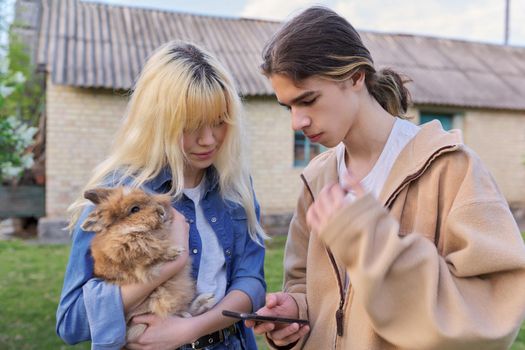 Teenagers guy and girl with decorative rabbit in their hands talking and looking at smartphone screen, on rural farm, spring blooming garden background, countryside, domestic animals