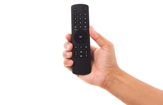 Hand holding television and audio remote control panel, studio shot isolated on over white background, Television wall broadcasting concept