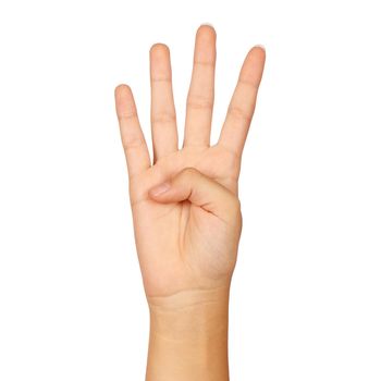 american sign language number 4. female hand gesturing isolated on white background