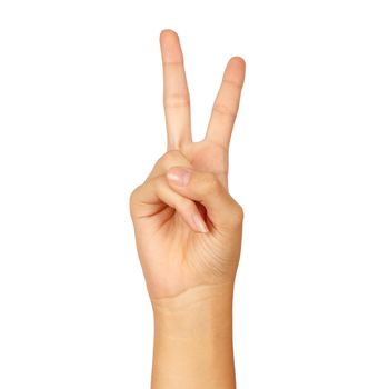 american sign language number 2. female hand gesturing isolated on white background