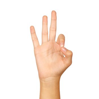 american sign language number 9. female hand gesturing isolated on white background