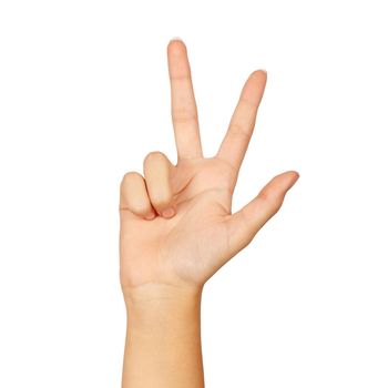 american sign language number 3. female hand gesturing isolated on white background