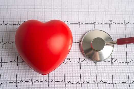 Stethoscope on electrocardiogram (ECG) with red heart, heart wave, heart attack, cardiogram report.