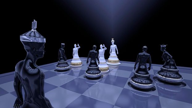 Chess composition of anthropomorphic pieces in dark background - 3d rendering