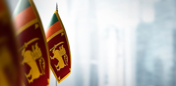 Small flags of Sri Lanka on a blurry background of the city.