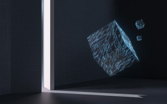 Cube and door, science and technology, 3d rendering. Computer digital drawing.