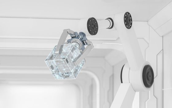 Robotic arms in the white futuristic room, 3d rendering. Computer digital drawing.