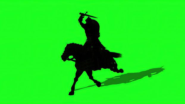 3d illustration - Silhouette of Medieval Knight  Ride Horse  With Sword And Shield,  on green screen