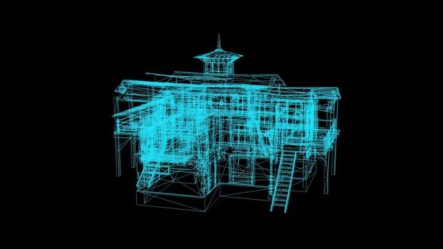 3d illustration - Wireframe Model Of Medieval House On Black Background