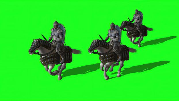 3d illustration - Medieval Knights  Ride Horses  With Swords And Shields,  on green screen