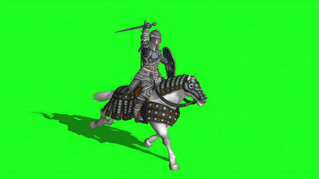 3d illustration - Medieval Knight  Ride Horse  With Sword And Shield  on green screen