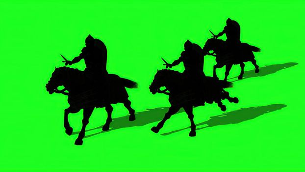 3d illustration - Silhouettes of Medieval Knights  Ride Horses  With Swords And Shields,  on green screen