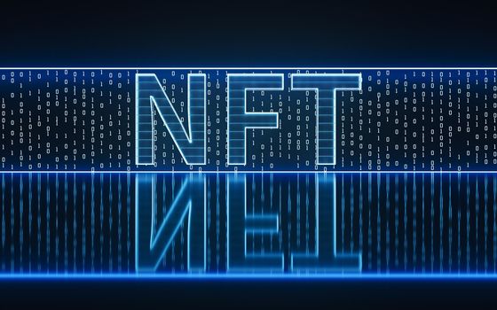 NFT nonfungible tokens concept with dark background, 3d rendering. Computer digital drawing.