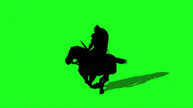 3d illustration - Silhouette of Medieval Knight  Ride Horse  With Sword And Shield,  on green screen