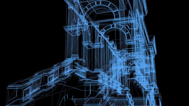 3d illustration - Wire frame Model Of Pompous Palace With Columns 