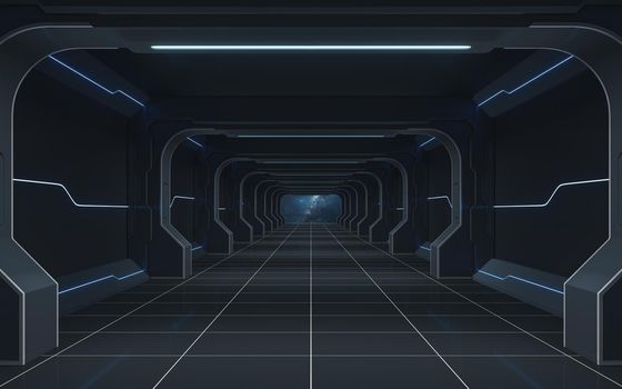 Futuristic tunnel and empty room, 3d rendering. Computer digital drawing.