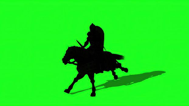 3d illustration - Silhouette of Medieval Knight  Ride Horse  With Sword And Shield,  on green screen