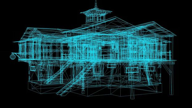 3d illustration - Wireframe Model Of Medieval House On Black Background