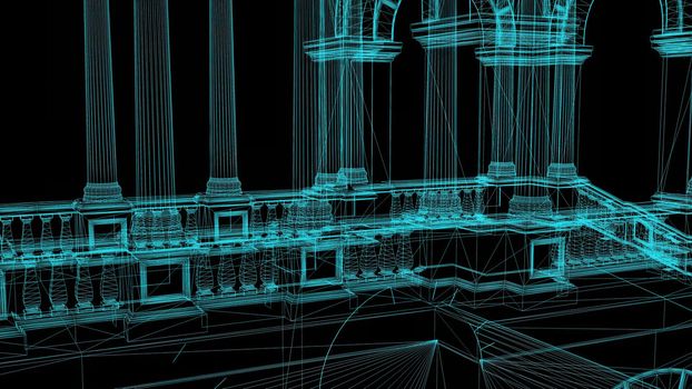 3d illustration - Wire frame Model Of Pompous Palace With Columns 