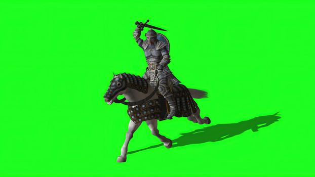 3d illustration - Medieval Knight  Ride Horse  With Sword And Shield  on green screen