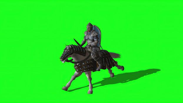 3d illustration - Medieval Knight  Ride Horse  With Sword And Shield  on green screen