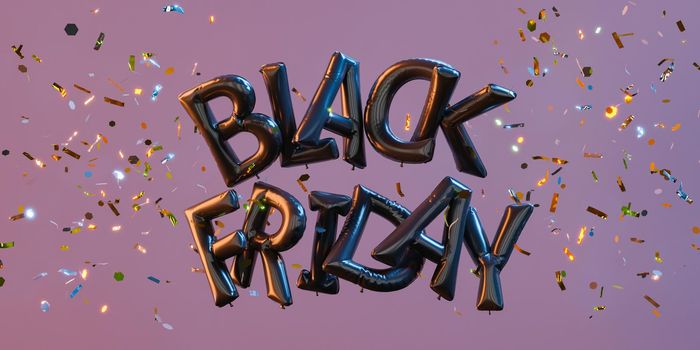 BLACK FRIDAY sign header with black balloons and confetti on the sides. 3d rendering