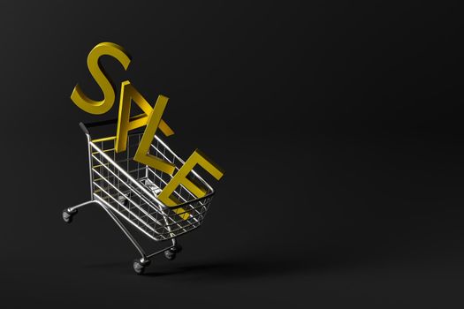 floating shopping cart with SALE letters falling into it. black friday concept. 3d rendering