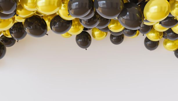 background with gold and black balloons floating on top with space for text. 3d rendering