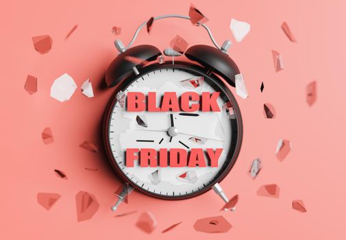 alarm clock with BLACK FRIDAY sign breaking glass and hands. black friday time concept. 3d rendering