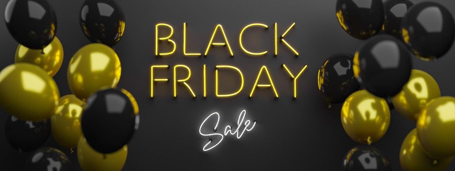 BLACK FRIDAY SALE neon sign header with gold and black balloons on the sides. 3d rendering