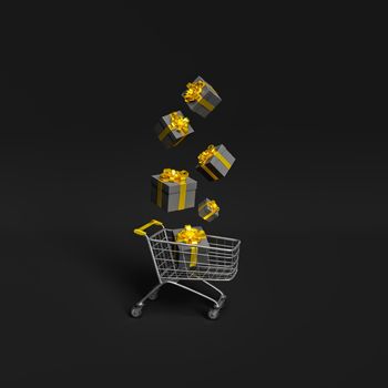 shopping cart with dark and golden gifts falling on the black background. black friday concept. 3d rendering