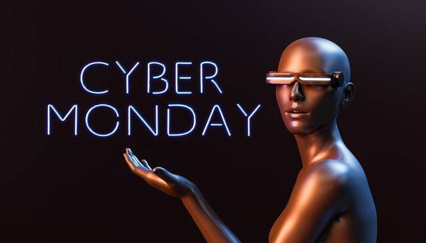 futuristic character showing a CYBER MONDAY sign. 3d rendering