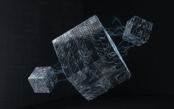 Cubes with black background, science and technology, 3d rendering. Computer digital drawing.