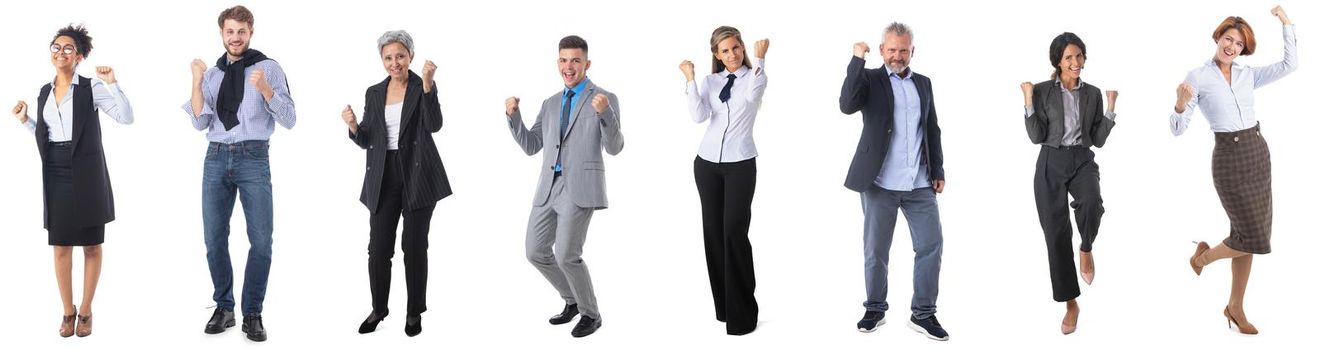 Successful excited Business people holding fists yea gesture, set of full length portraits studio isolated on white background