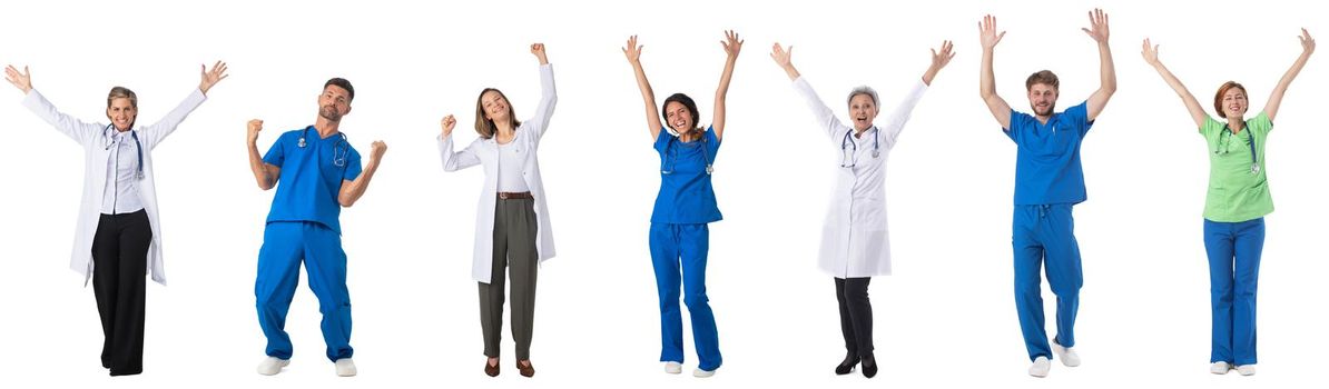 Set of Full length portraits of doctors and nurses medical staff with raised arms isolated on white background