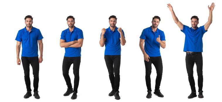 Collage of full length portriats of young man in casual clothes isolated on white background