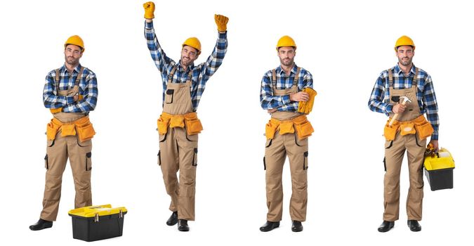 Set of professional worker portraits. Contractor isolated over white background.