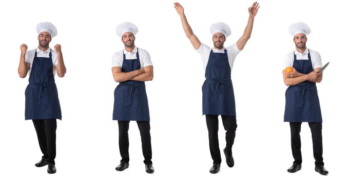 Set of full length portraits of portraits of chef cook man isolated on white background