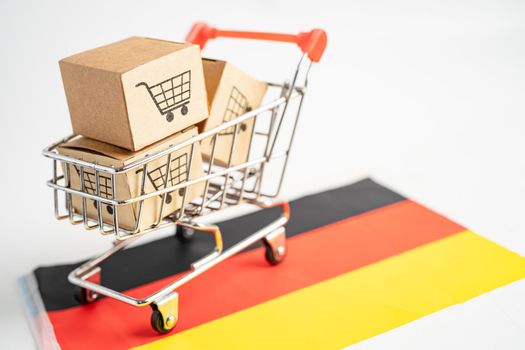 Box with shopping cart logo and Germany flag, Import Export Shopping online or eCommerce finance delivery service store product shipping, trade, supplier concept.