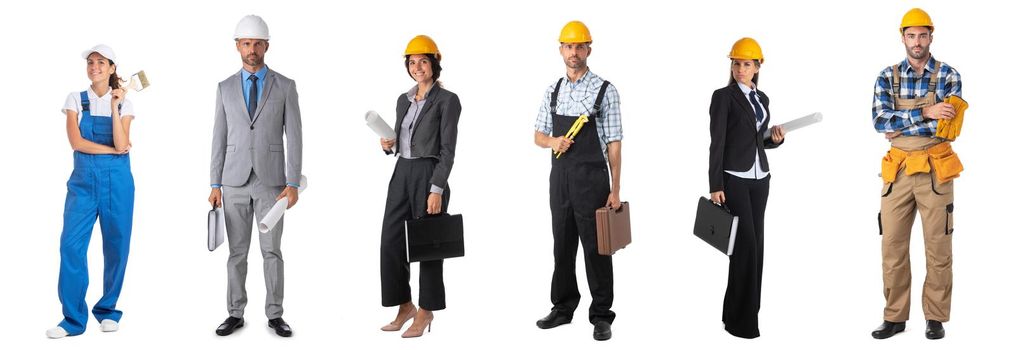 Collection of full length portraits of construction industry workers. Design element, studio isolated on white background