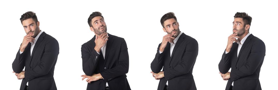 Set of portraits of Handsome young business man think looking up to empty copy space, businessman hold hand on chin isolated over white background
