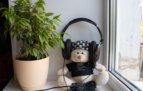 Teddy bear with headphones listening to audio music on the windowsill.