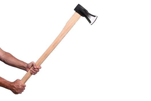 in men's hands is a large axe for chopping firewood. isolated on a white background. close-up