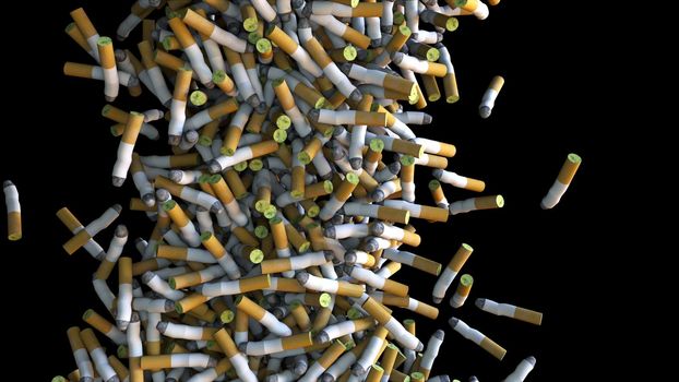 Stream of cigarettes with filter pouring into 3d render of surface. Presentation of environmental pollution and harm to health. Nicotine addiction and lung cancer symbol
