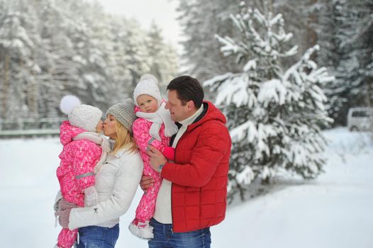 A large family with children on a walk in winter in the forest.