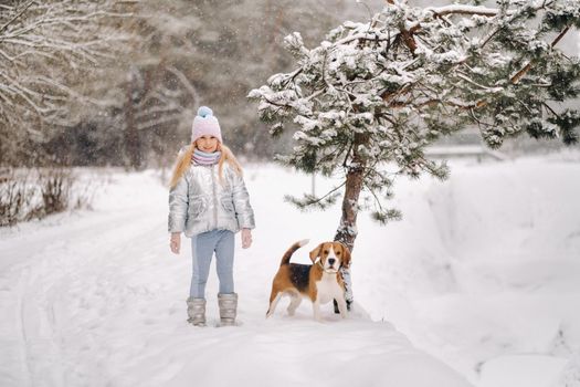 A little girl on a walk with her dog in the winter forest. the owner and the dog are playing in the snow-covered forest.