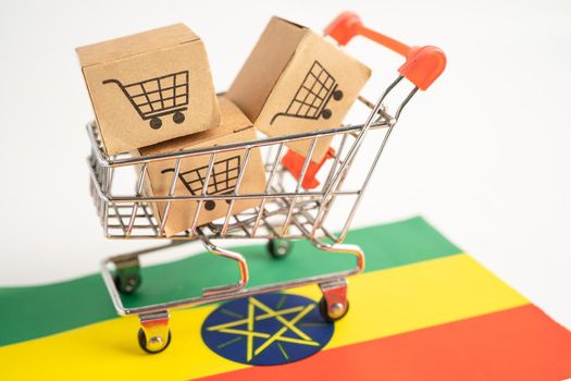 Box with shopping cart logo and Ethiopia flag, Import Export Shopping online or eCommerce finance delivery service store product shipping, trade, supplier concept.