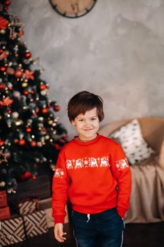 portrait of a smiling boy standing at the Christmas tree at home.